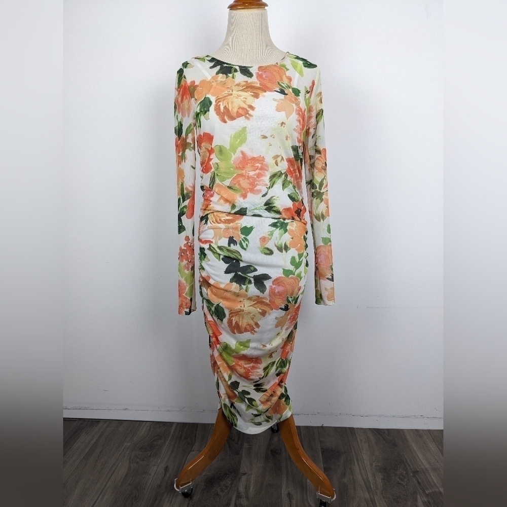 NA-KD Women's Floral Sheer Mesh Dress Size Medium Ruched Long Sleeve